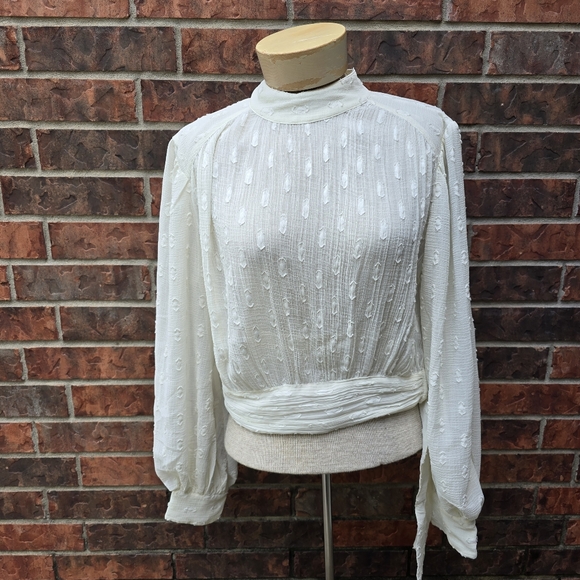 ASOS DESIGN Top High Neck Sheer Boho Textured Cream Material Tie Size 8 - Picture 2 of 16